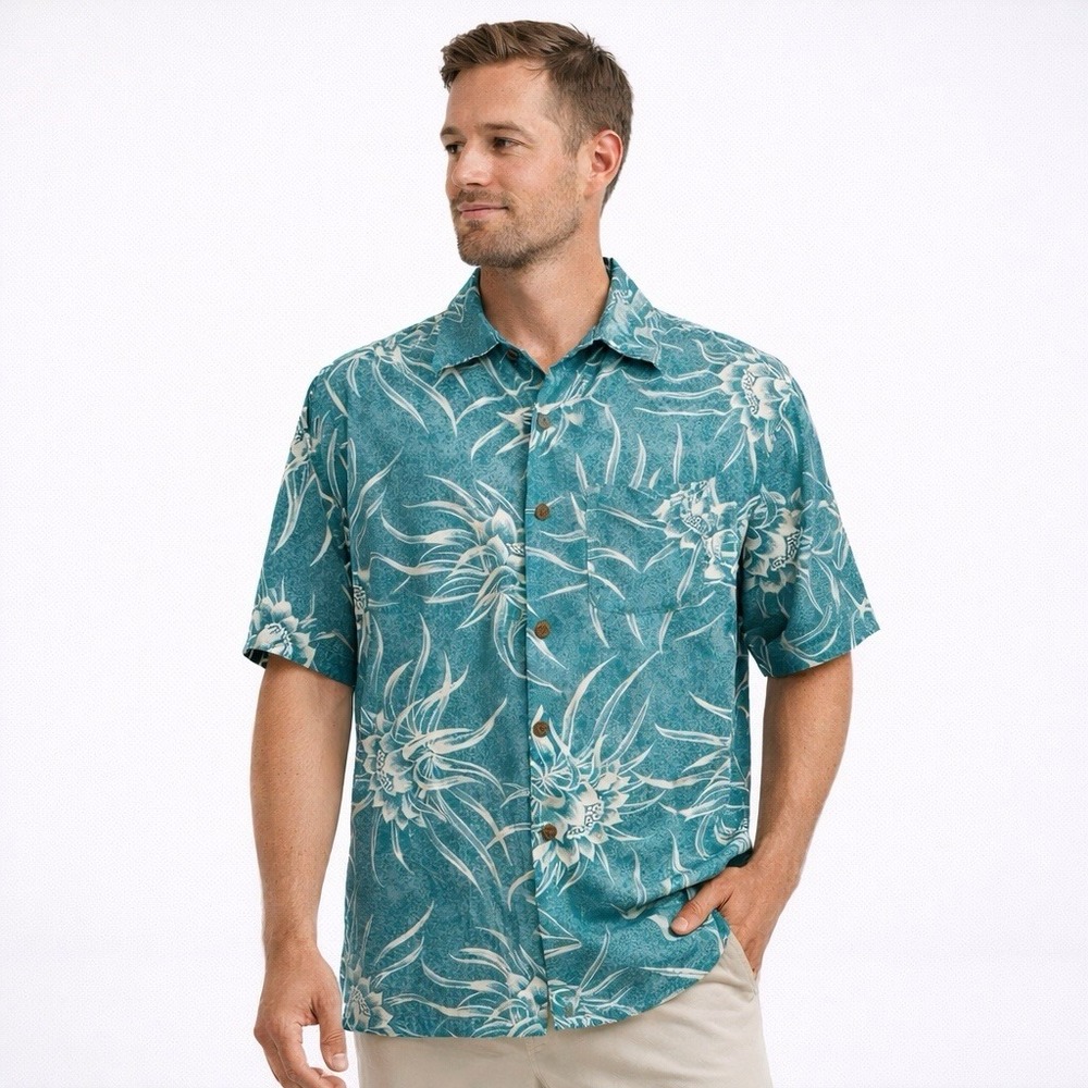 Red Turtle 100% Silk Tropical Floral Shirt Men L Blue Hawaiian Button Up Resort